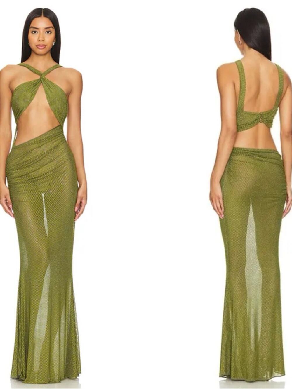 RETROFETE Liesel Crystal Embellished Cutout Cross Over Green Maxi Dress Size XS